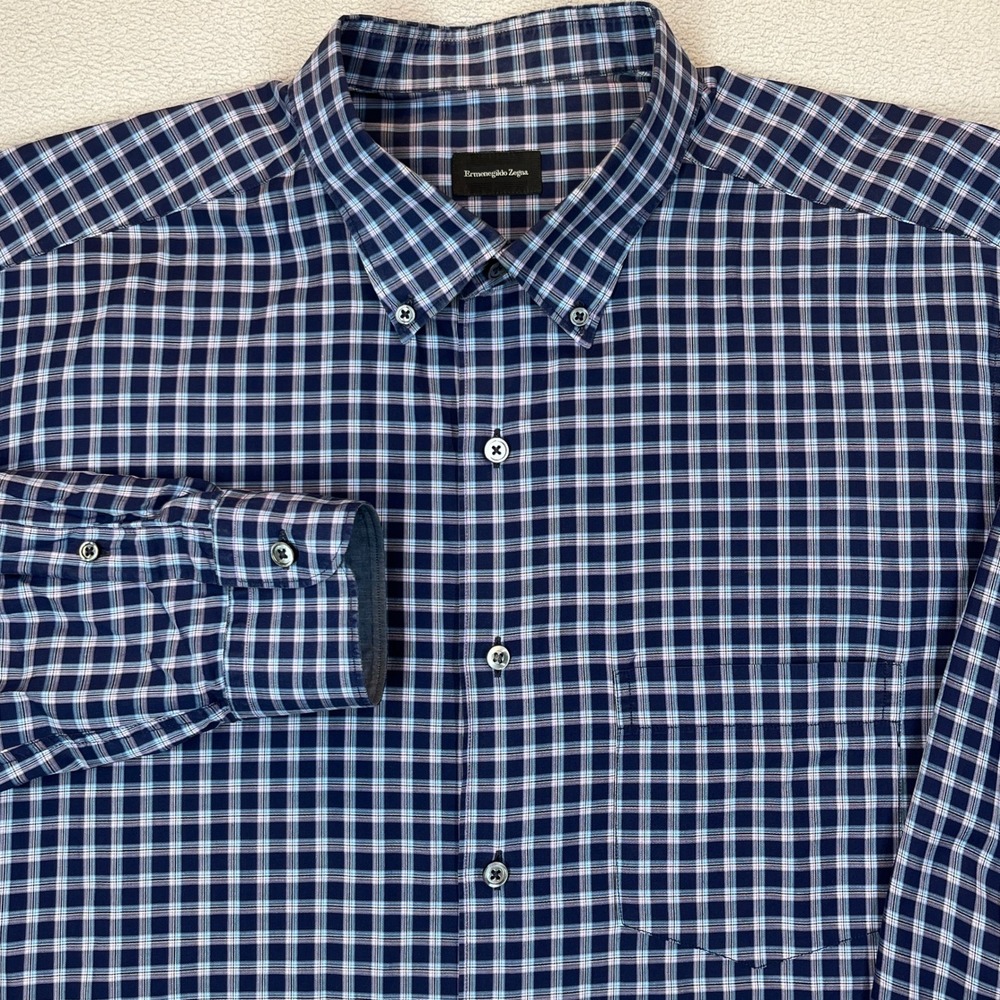 Ermenegildo Zegna Mens Plaid Button Down Shirt Navy Blue Purple Cotton XL